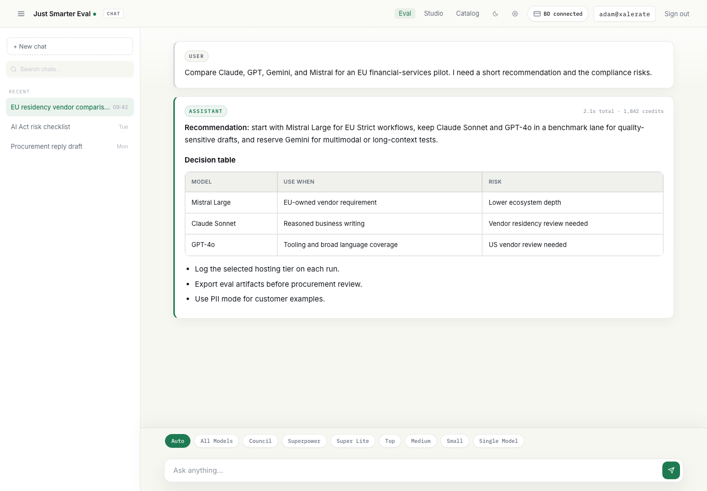 Just Smarter Eval chat workspace desktop preview