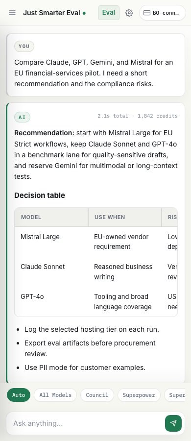 Just Smarter Eval chat workspace mobile preview